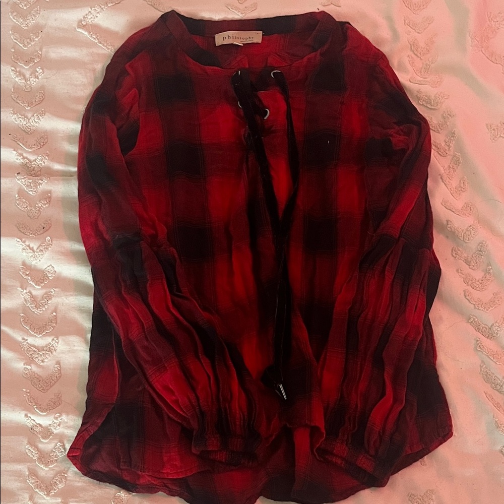 Philosophy Red and Black Plaid Long Sleeve Top